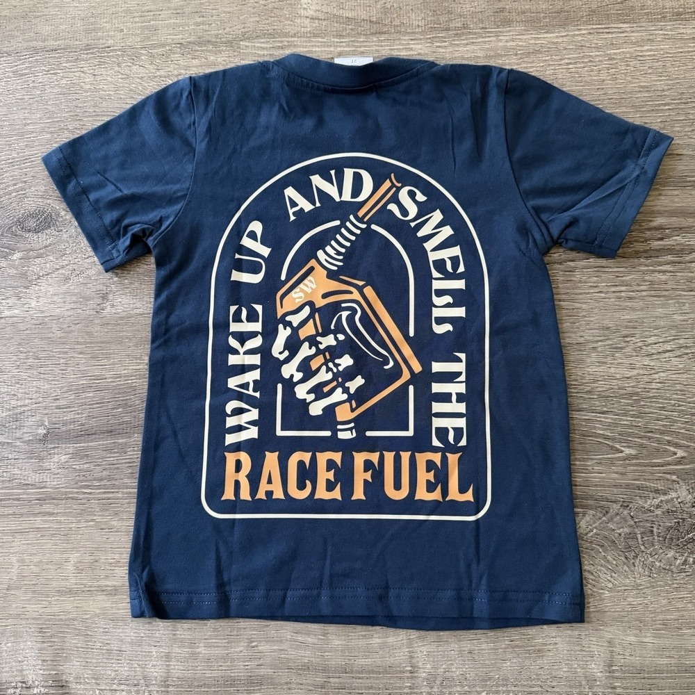 Strictly Wild Boutique Toddler Tee 2T Race Fuel Graphic Back Print Blue NWOT